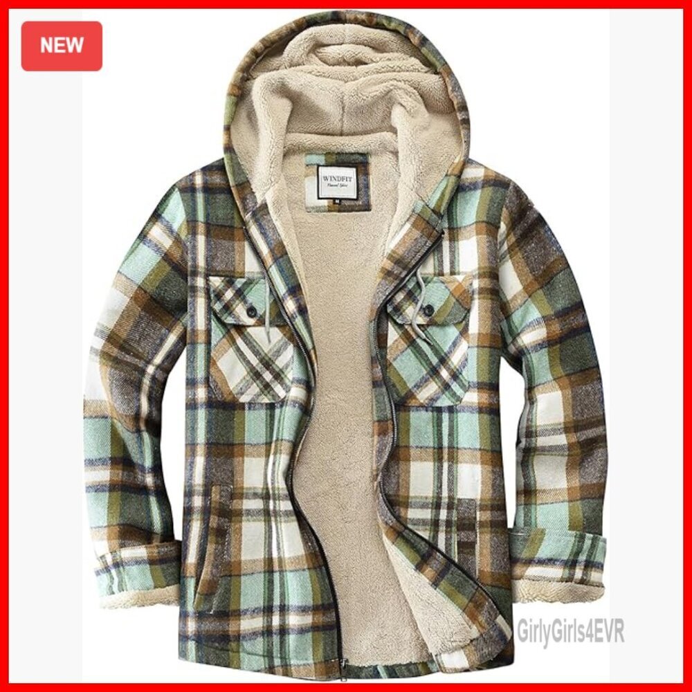 Sherpa Lined Fleece Jacket Full Zip Hooded Plaid Casual Winter Outwear